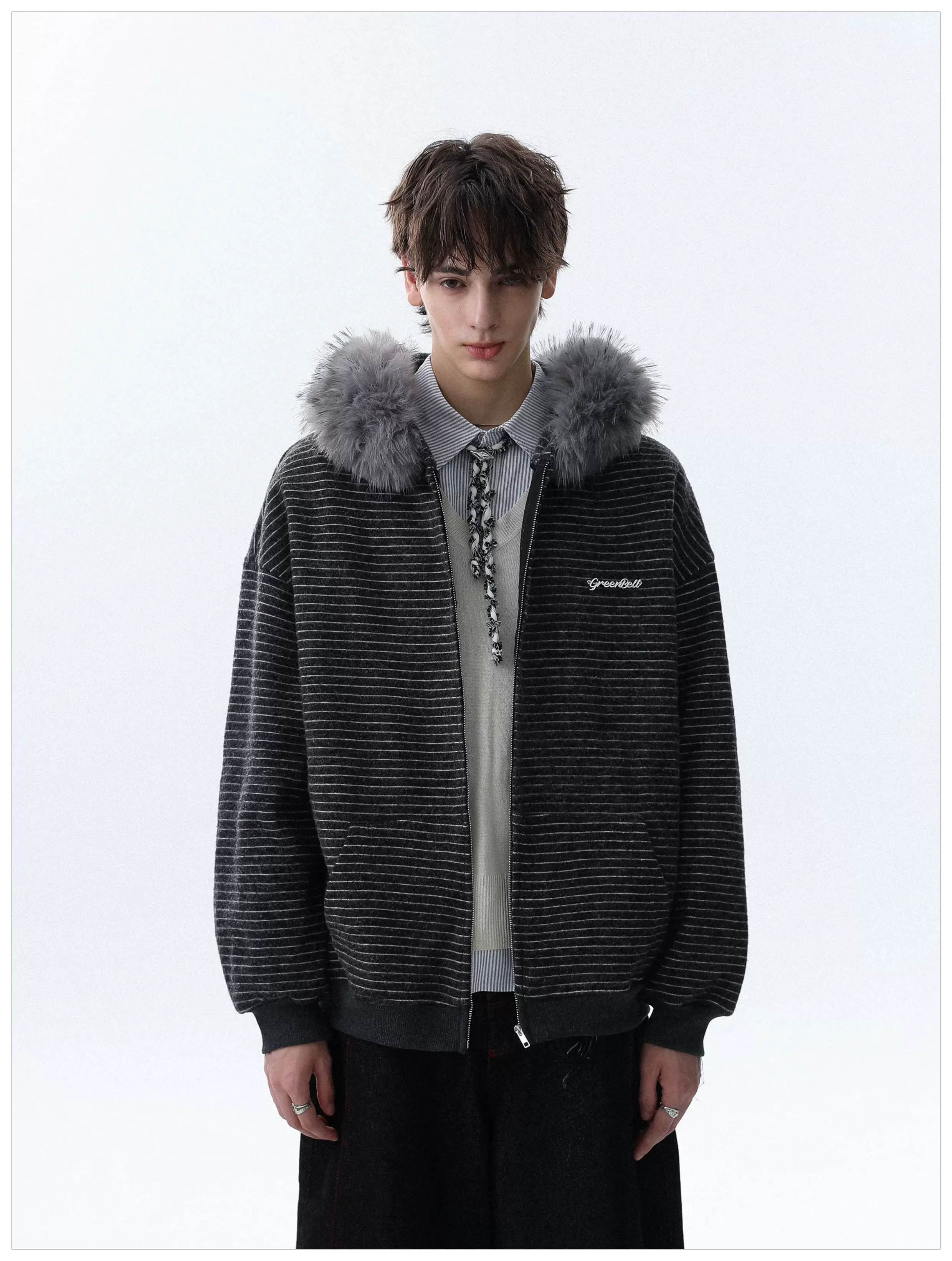 Detachable Fur Hood Striped Zip Hoodie - Image 4
