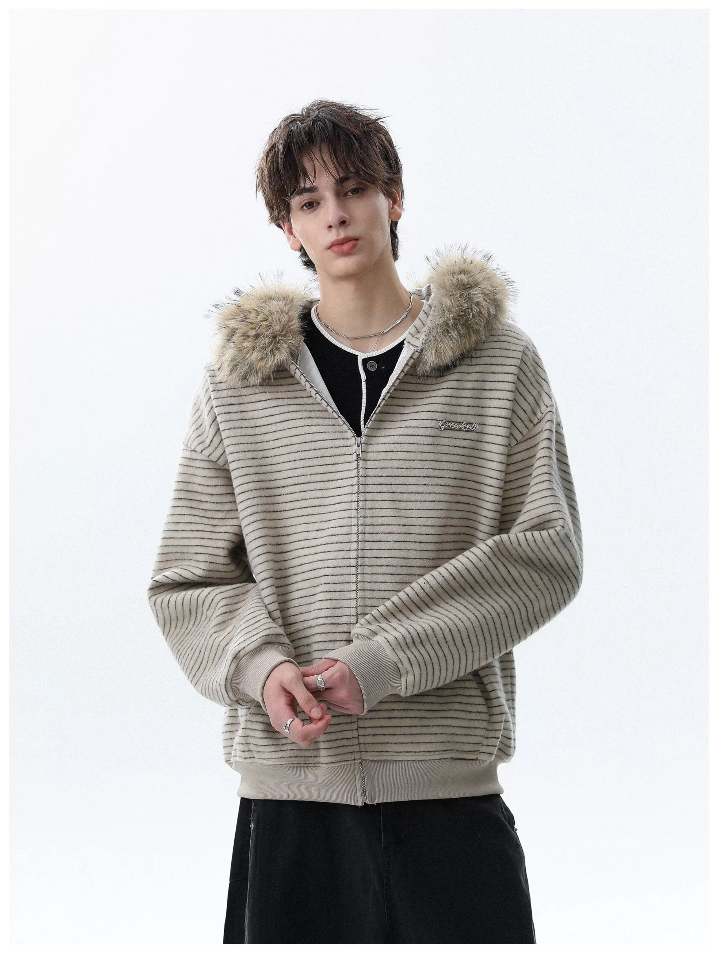 Detachable Fur Hood Striped Zip Hoodie - Image 5