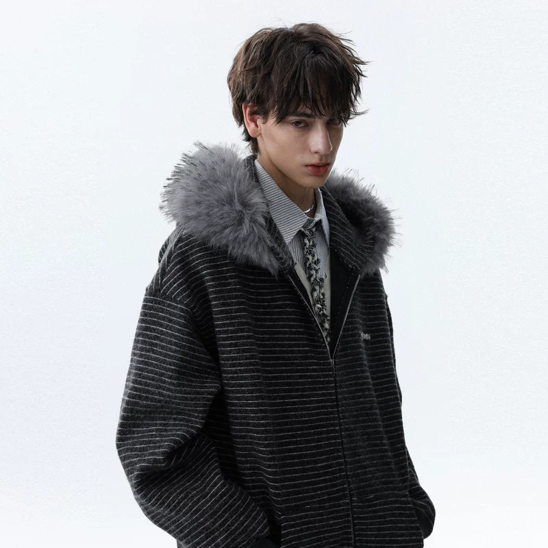 Detachable Fur Hood Striped Zip Hoodie - Image 6