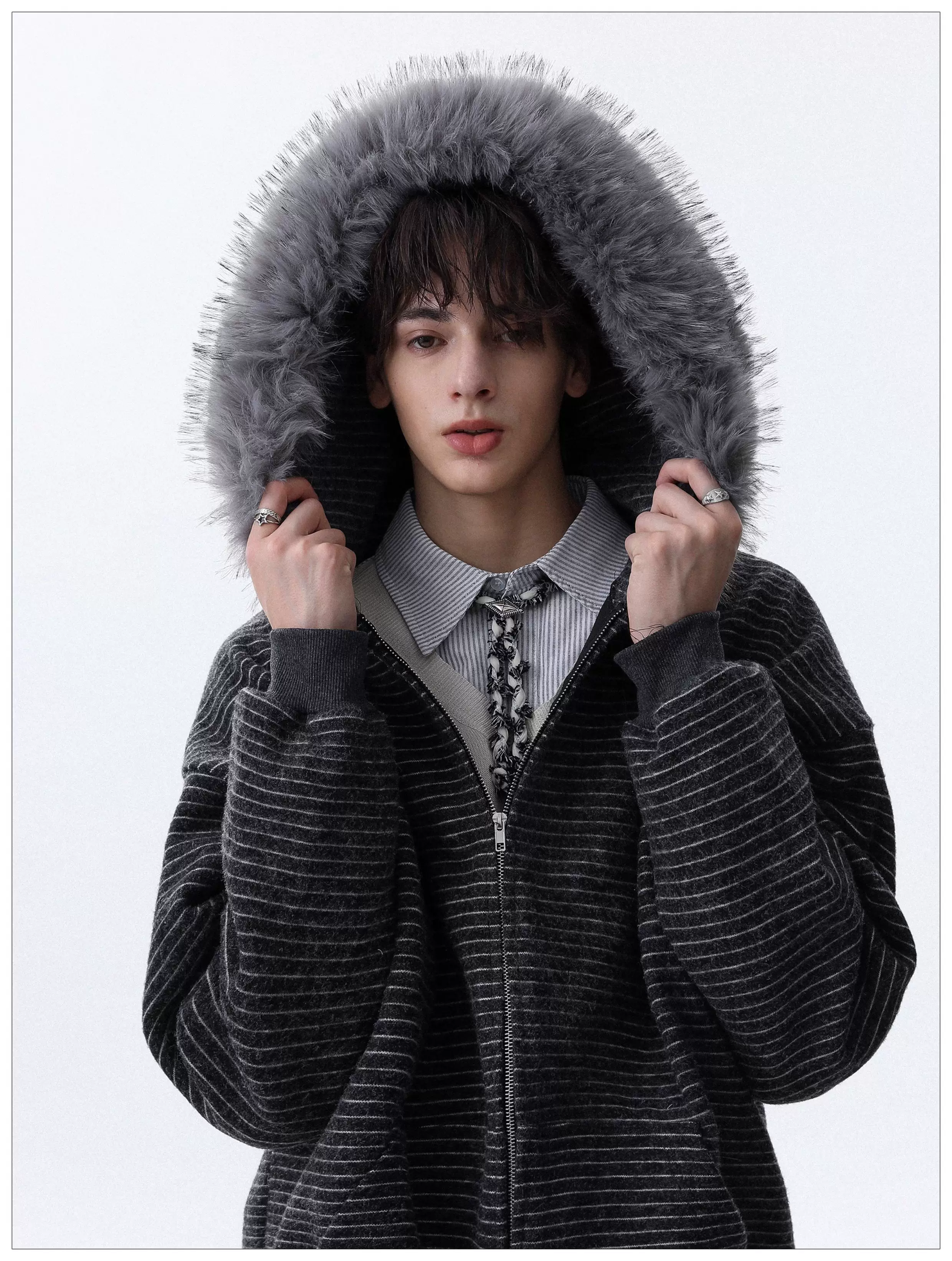 Detachable Fur Hood Striped Zip Hoodie - Image 7
