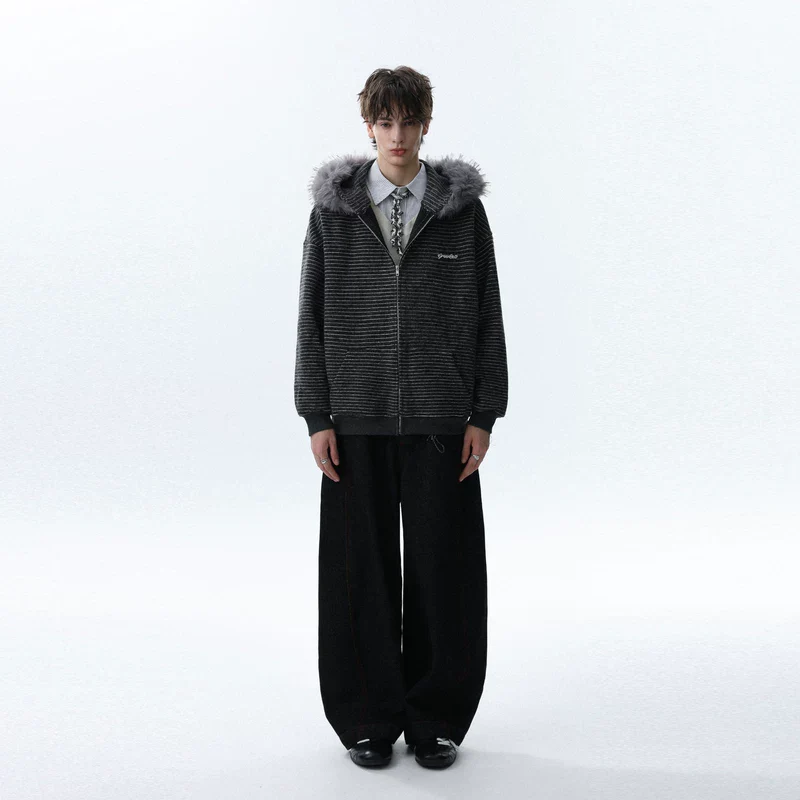 Detachable Fur Hood Striped Zip Hoodie - Image 8