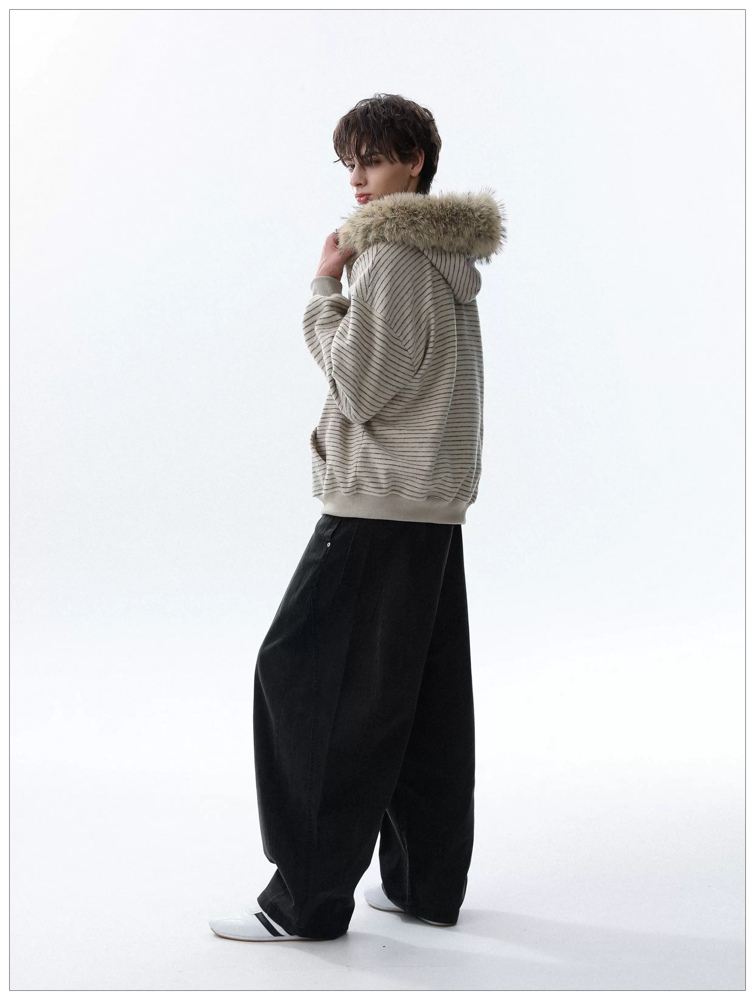 Detachable Fur Hood Striped Zip Hoodie - Image 9