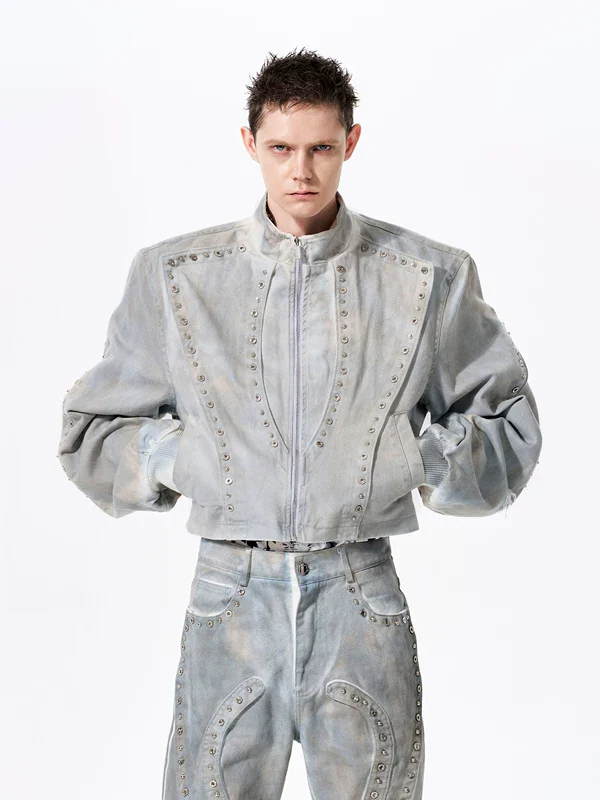 Studded Distressed Short Denim Jacket