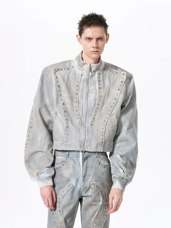 Studded Distressed Short Denim Jacket - Image 3