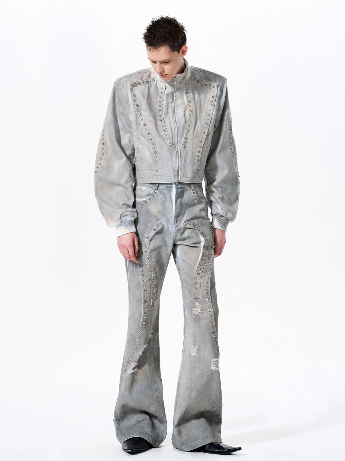 Studded Distressed Short Denim Jacket - Image 6