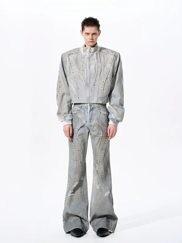 Studded Distressed Short Denim Jacket - Image 7