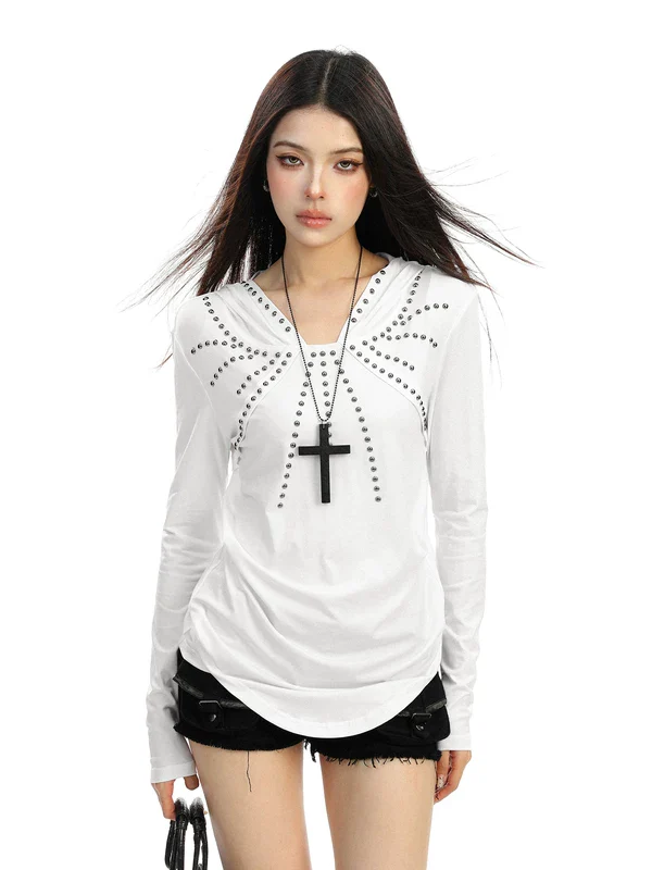 Studded Hooded Long-Sleeve Turtleneck Top - Image 2