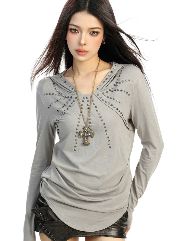 Studded Hooded Long-Sleeve Turtleneck Top - Image 5