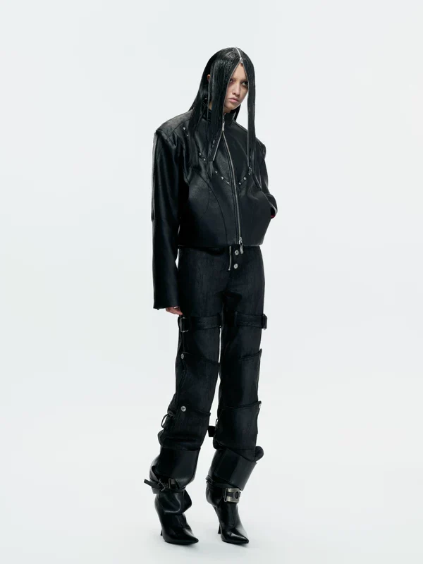 Studded Matte Leather Biker Jacket - Image 5