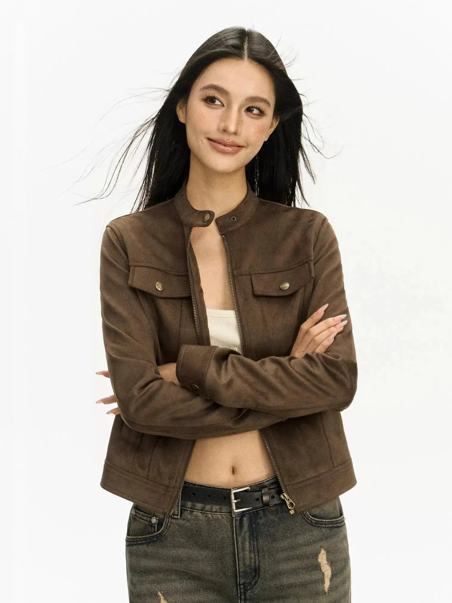 Stand Collar Suede Short Coat - Image 3