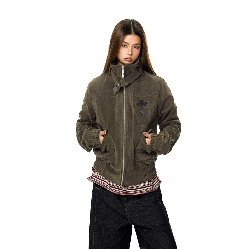 Suede Embroidered Stand Collar Jacket