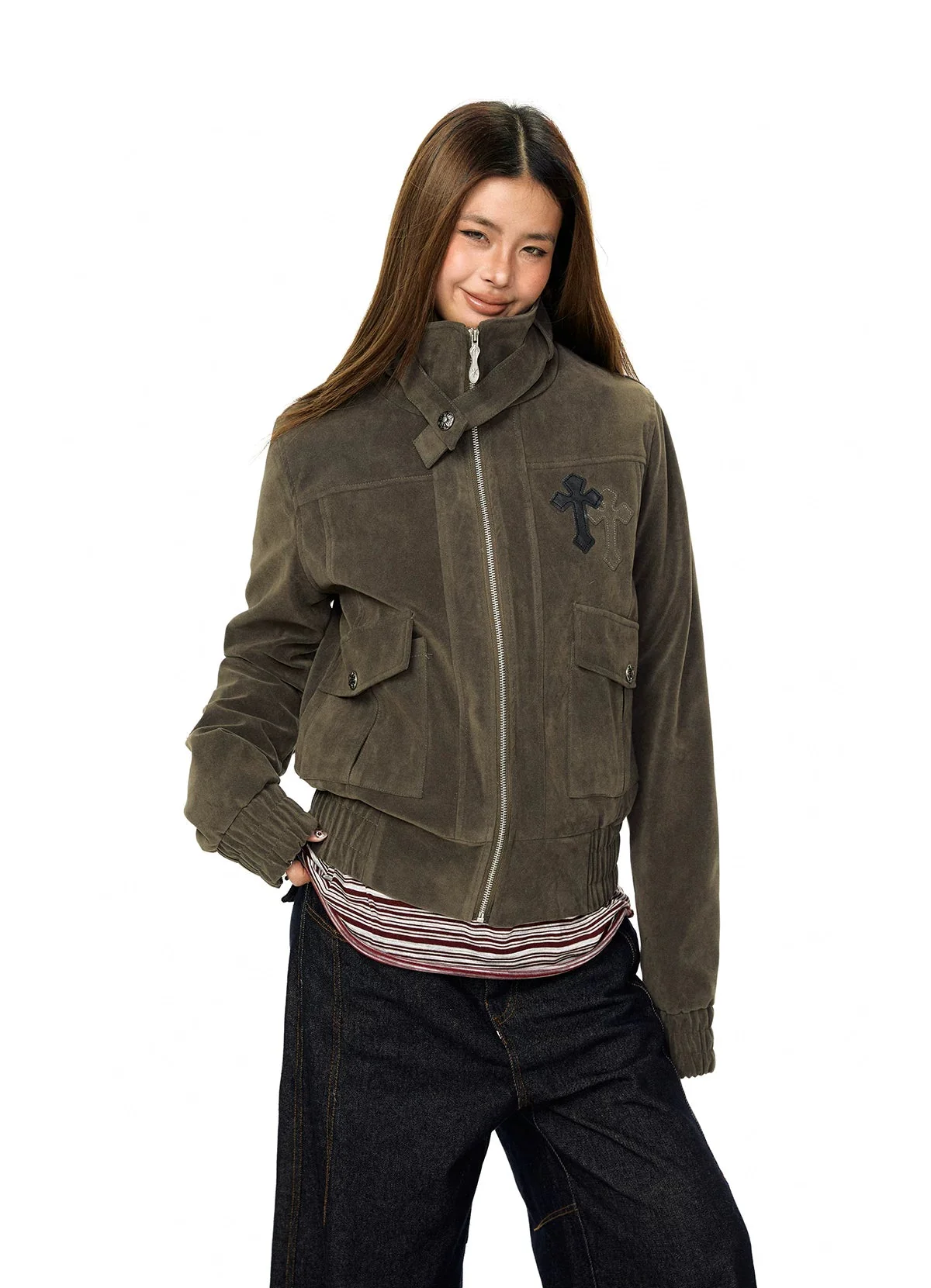 Suede Embroidered Stand Collar Jacket - Image 2
