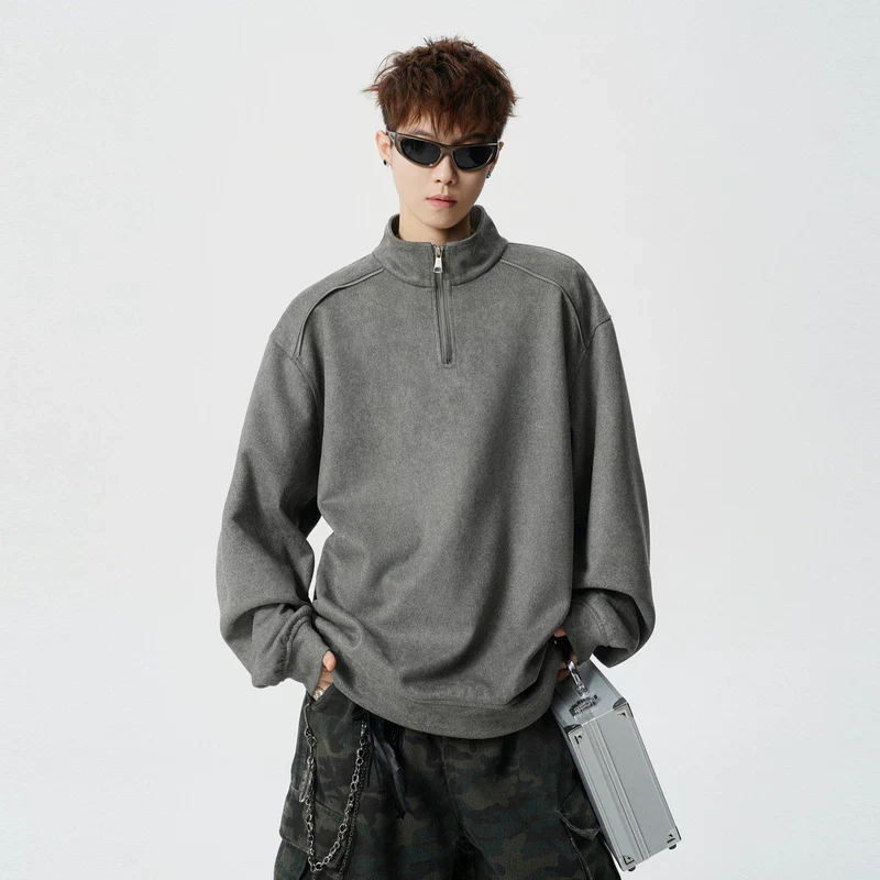 Suede Half-Zip Stand Collar Sweatshirt