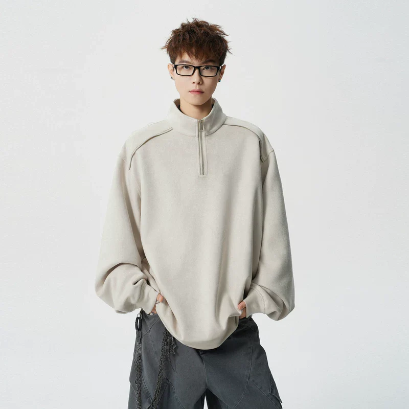 Suede Half-Zip Stand Collar Sweatshirt - Image 3