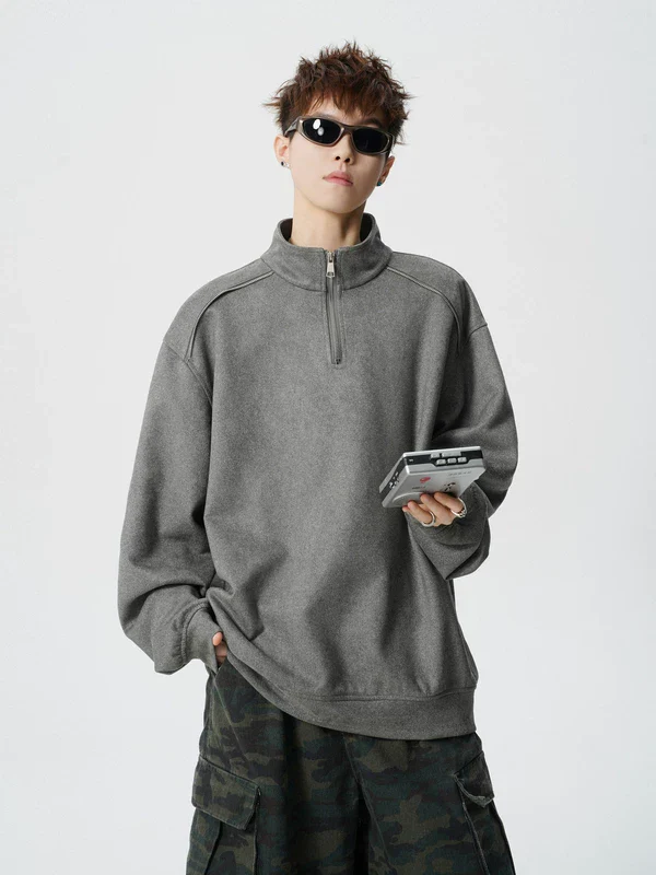 Suede Half-Zip Stand Collar Sweatshirt - Image 4