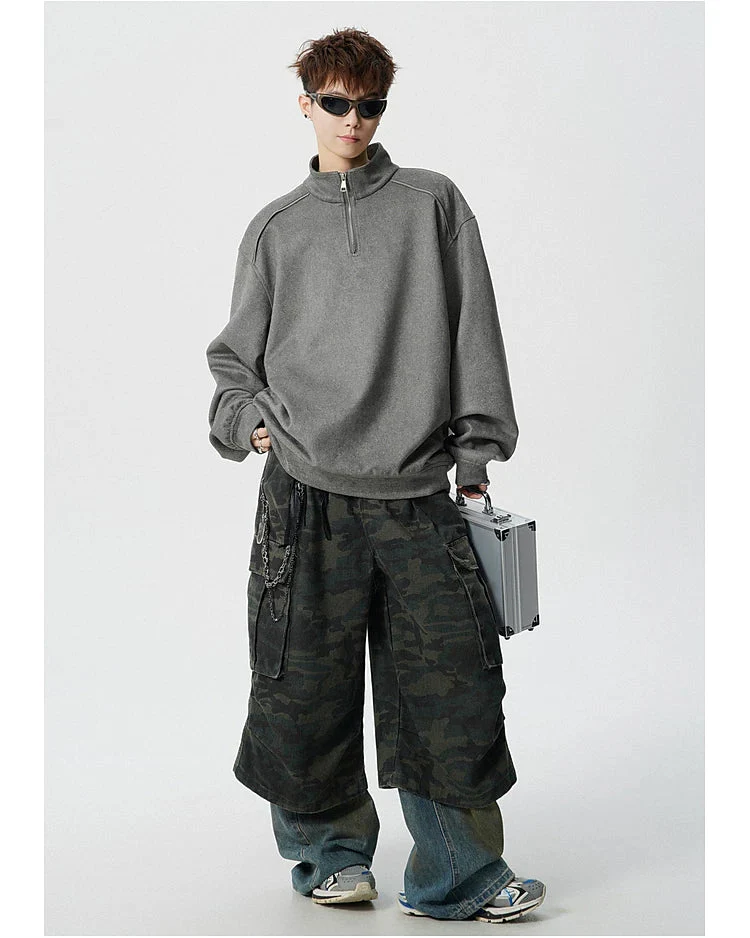 Suede Half-Zip Stand Collar Sweatshirt - Image 9