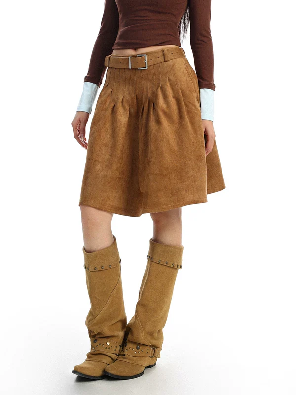 Suede High-Waisted Pleated Midi Skirt