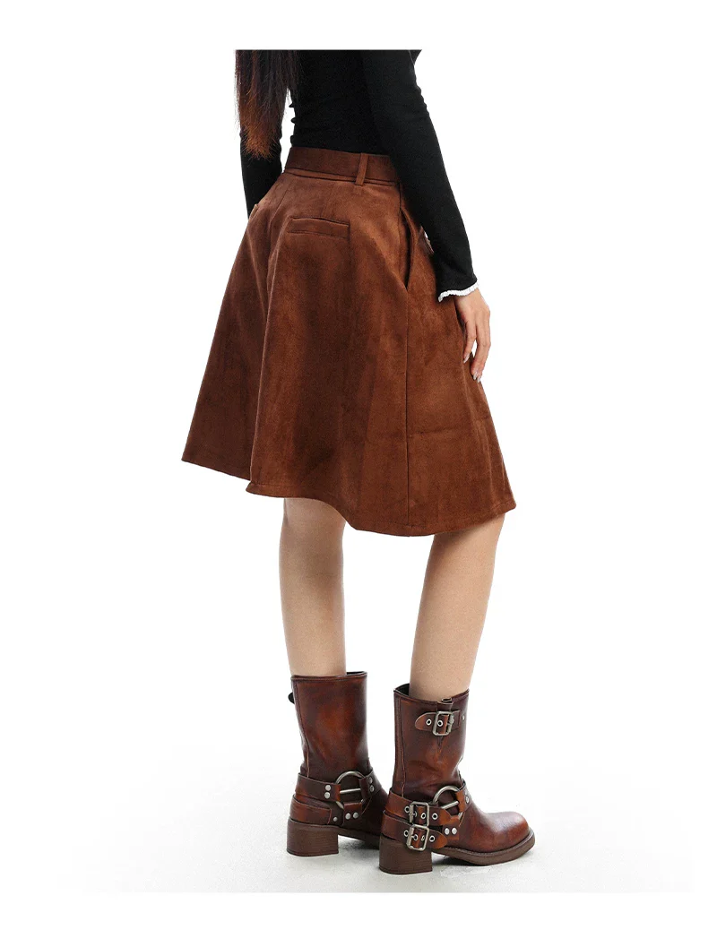 Suede High-Waisted Pleated Midi Skirt - Image 10