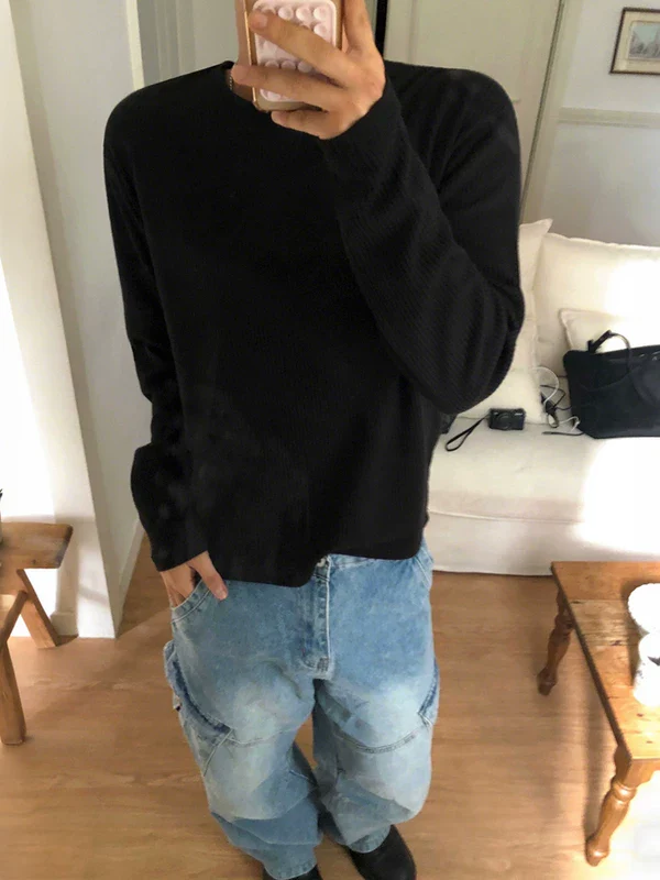 Textured Crew Neck Long Sleeve Pullover - Image 3