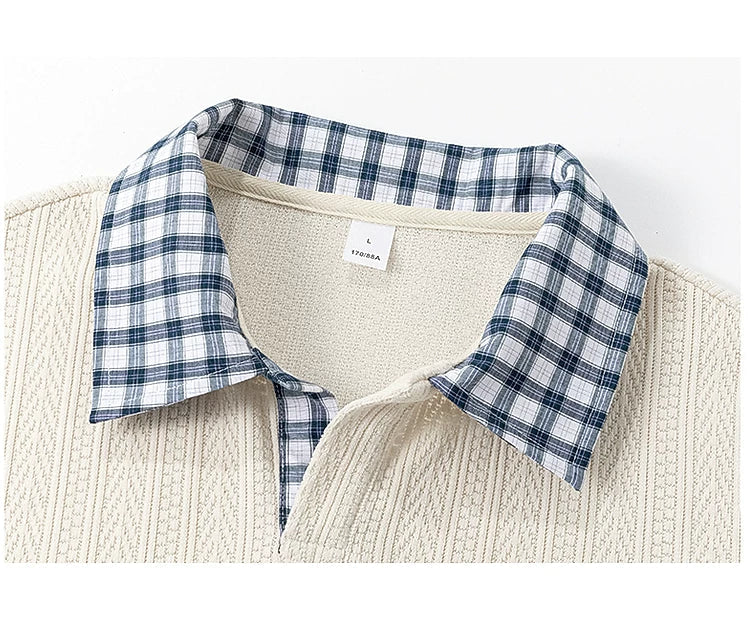 Textured Faux Layered Plaid Collar Sweatshirt - Image 10