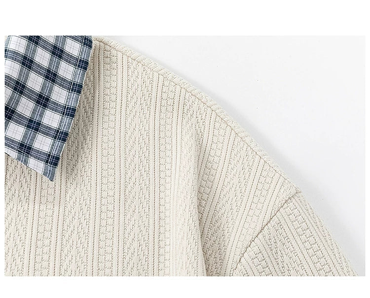 Textured Faux Layered Plaid Collar Sweatshirt - Image 12