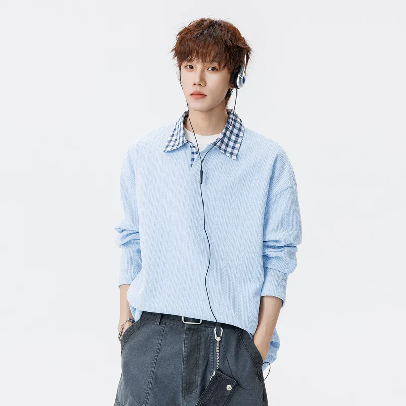 Textured Faux Layered Plaid Collar Sweatshirt - Image 3