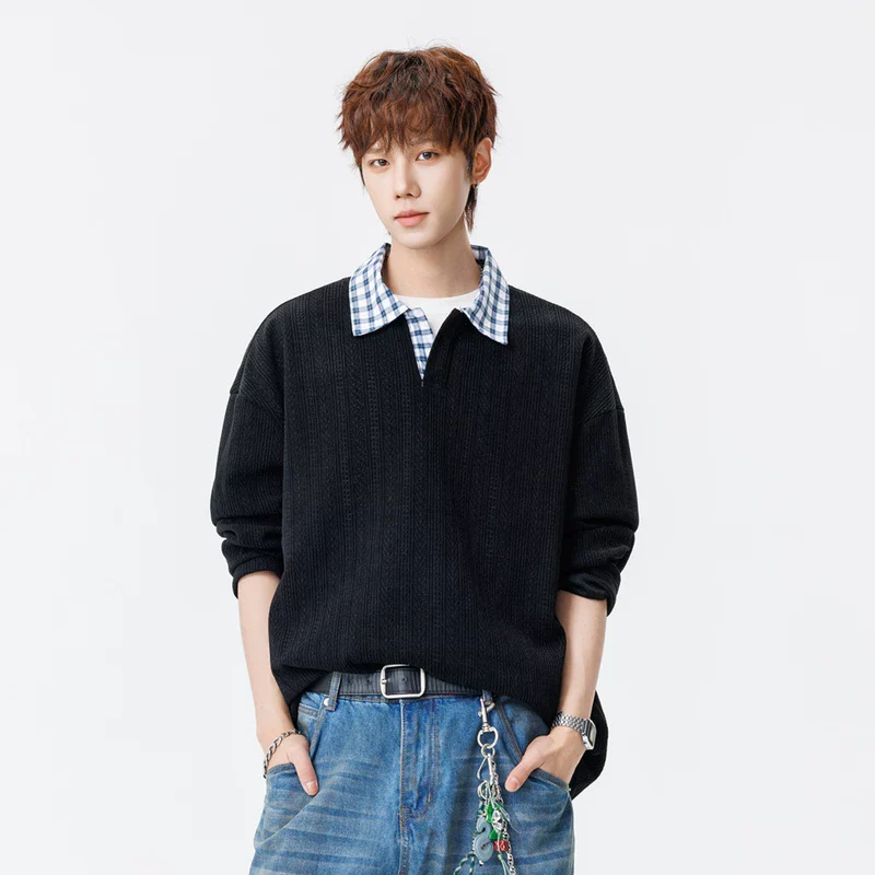 Textured Faux Layered Plaid Collar Sweatshirt - Image 4