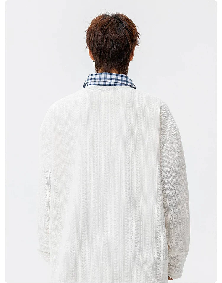 Textured Faux Layered Plaid Collar Sweatshirt - Image 5