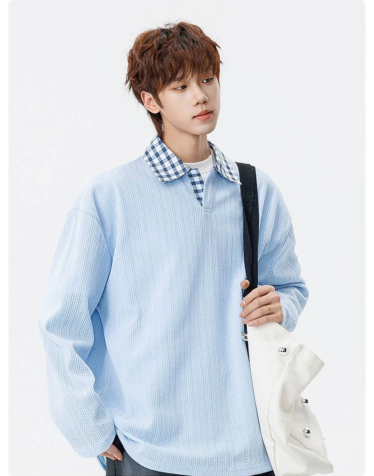 Textured Faux Layered Plaid Collar Sweatshirt - Image 6