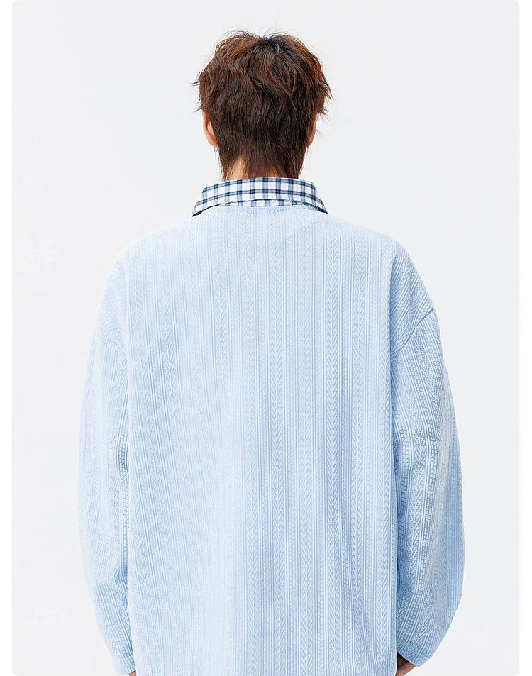 Textured Faux Layered Plaid Collar Sweatshirt - Image 7