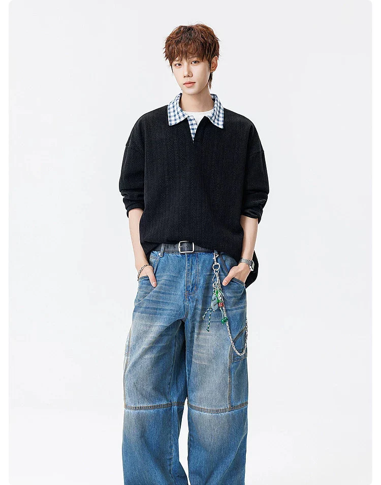 Textured Faux Layered Plaid Collar Sweatshirt - Image 8
