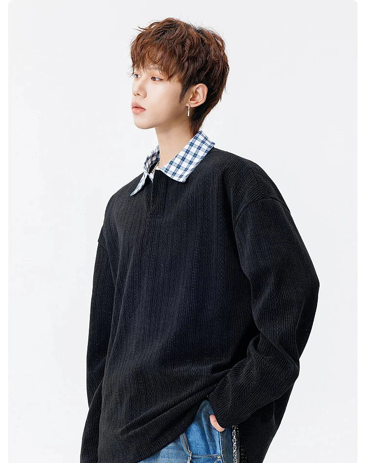 Textured Faux Layered Plaid Collar Sweatshirt - Image 9