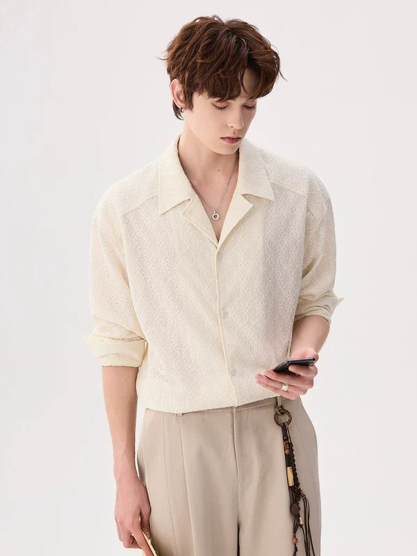 Textured Hollow-Out Collared Shirt