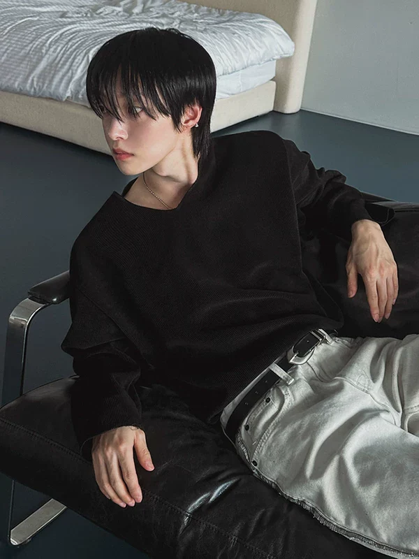 Textured Ribbed V-Neck Long-Sleeve Pullover - Image 5