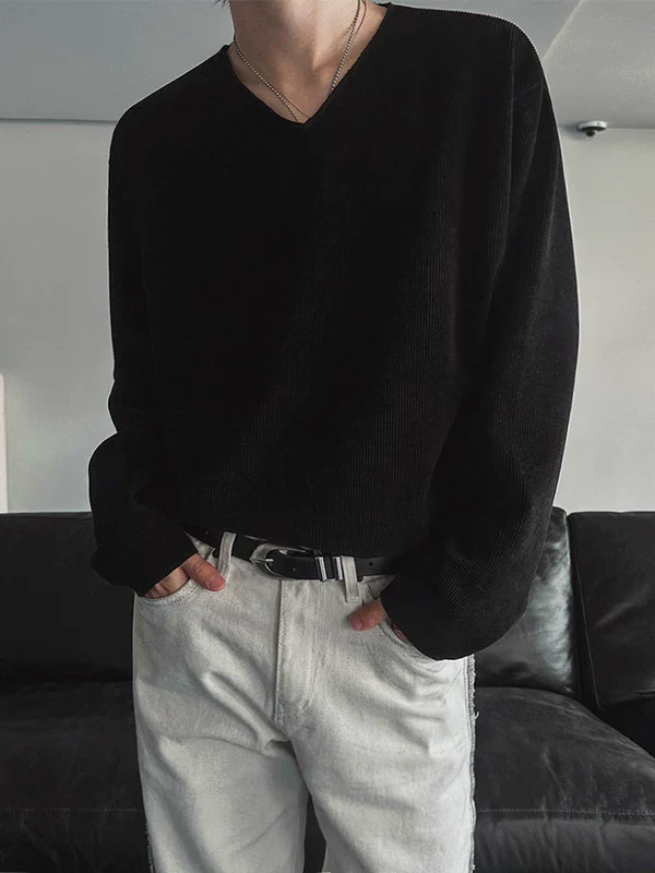 Textured Ribbed V-Neck Long-Sleeve Pullover - Image 8