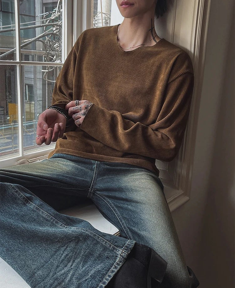 Textured Ribbed V-Neck Long-Sleeve Pullover - Image 9