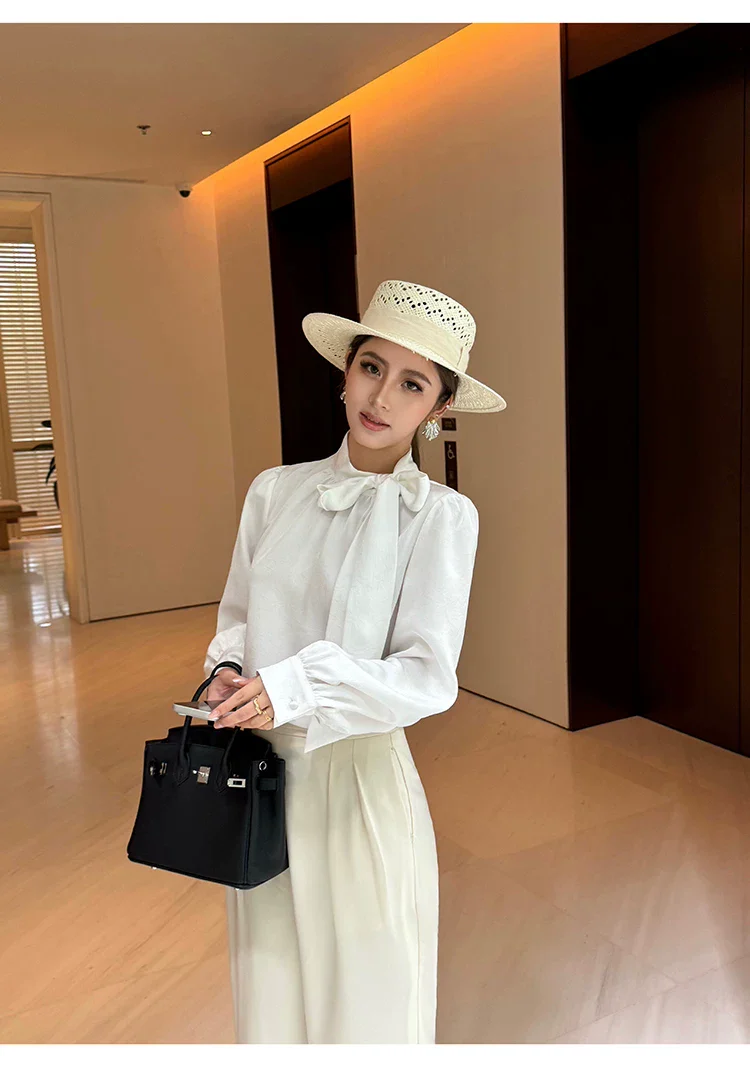 Tie Neck Lantern Sleeve Blouse