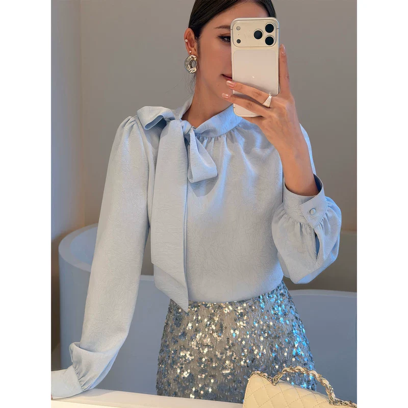 Tie Neck Lantern Sleeve Blouse - Image 2