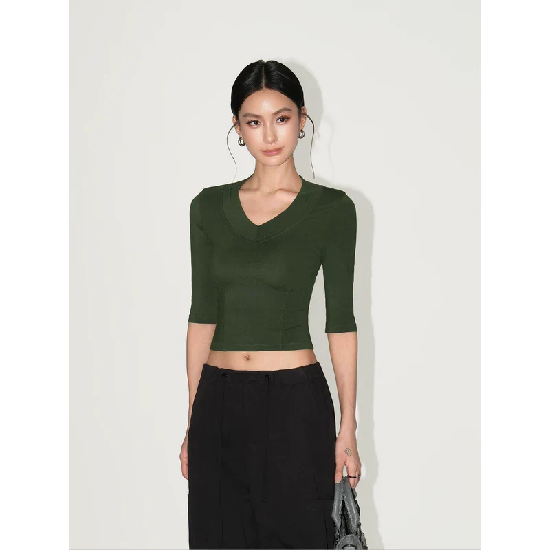 V-Neck Half Sleeve Slim Crop Top - Image 4