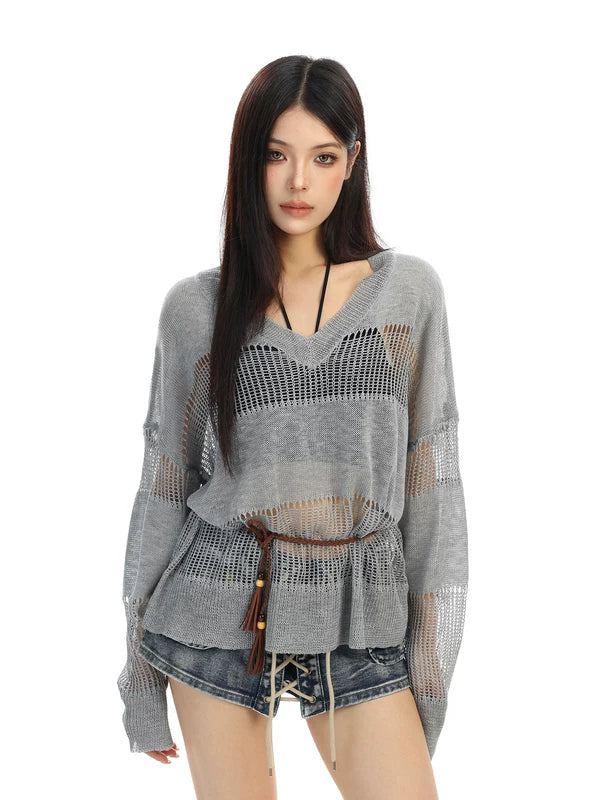 V-Neck Hollow Knit Long Sleeve Top