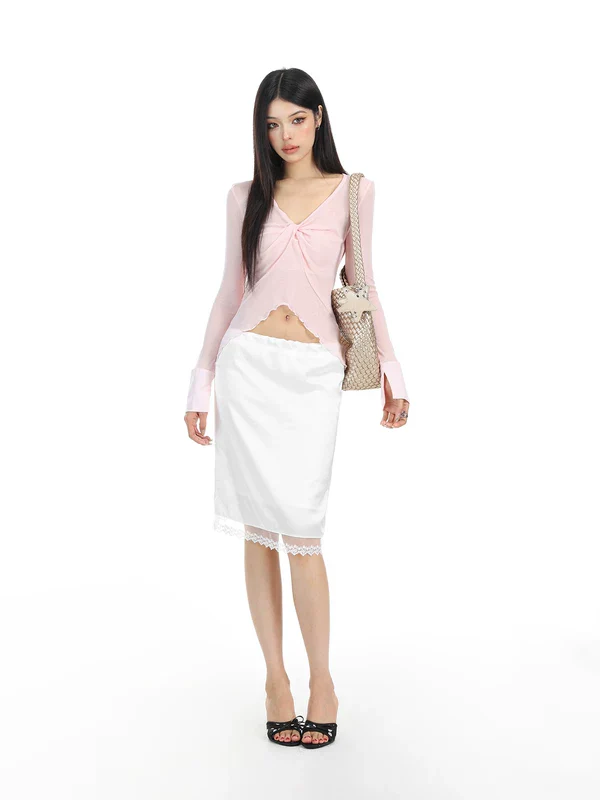 V-Neck Knotted Hem Long Sleeve Top - Image 7