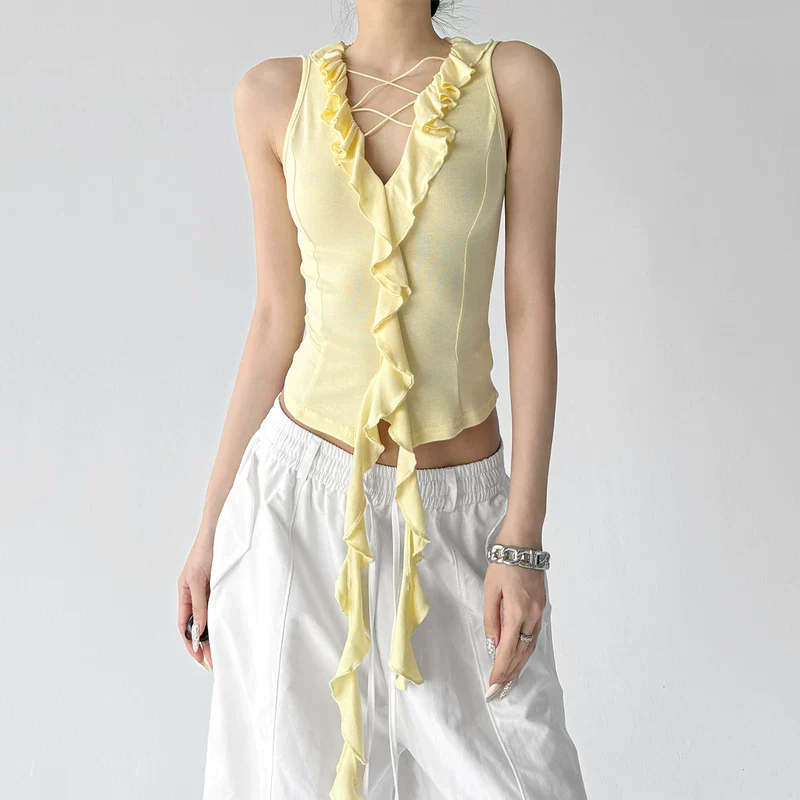 V-Neck Ruffle Halter Tank Top