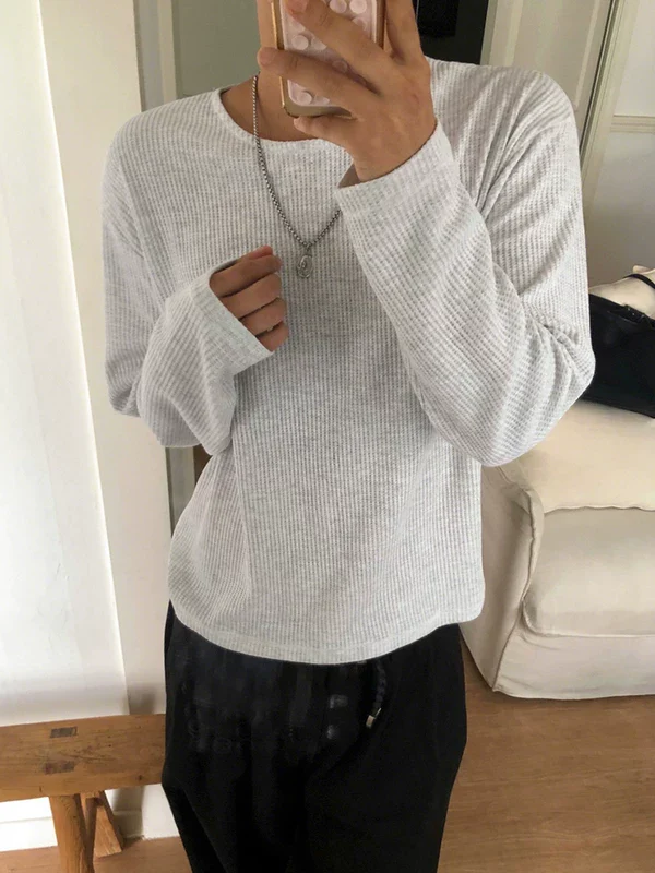 Waffle Knit Crew Neck Long Sleeve Pullover - Image 3