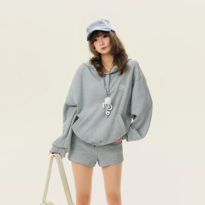 Waffle Knit Embroidered Pullover Hoodie