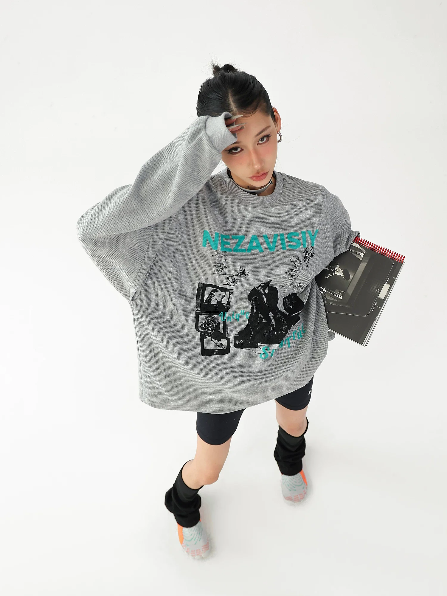 Waffle Knit Graphic Crewneck Pullover