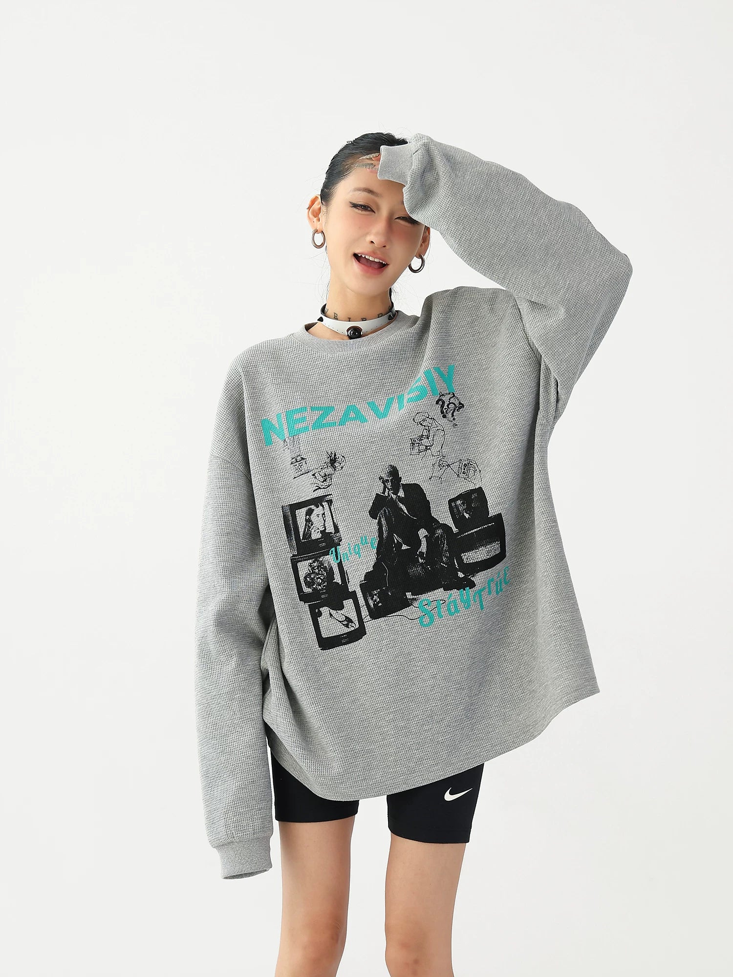 Waffle Knit Graphic Crewneck Pullover - Image 2