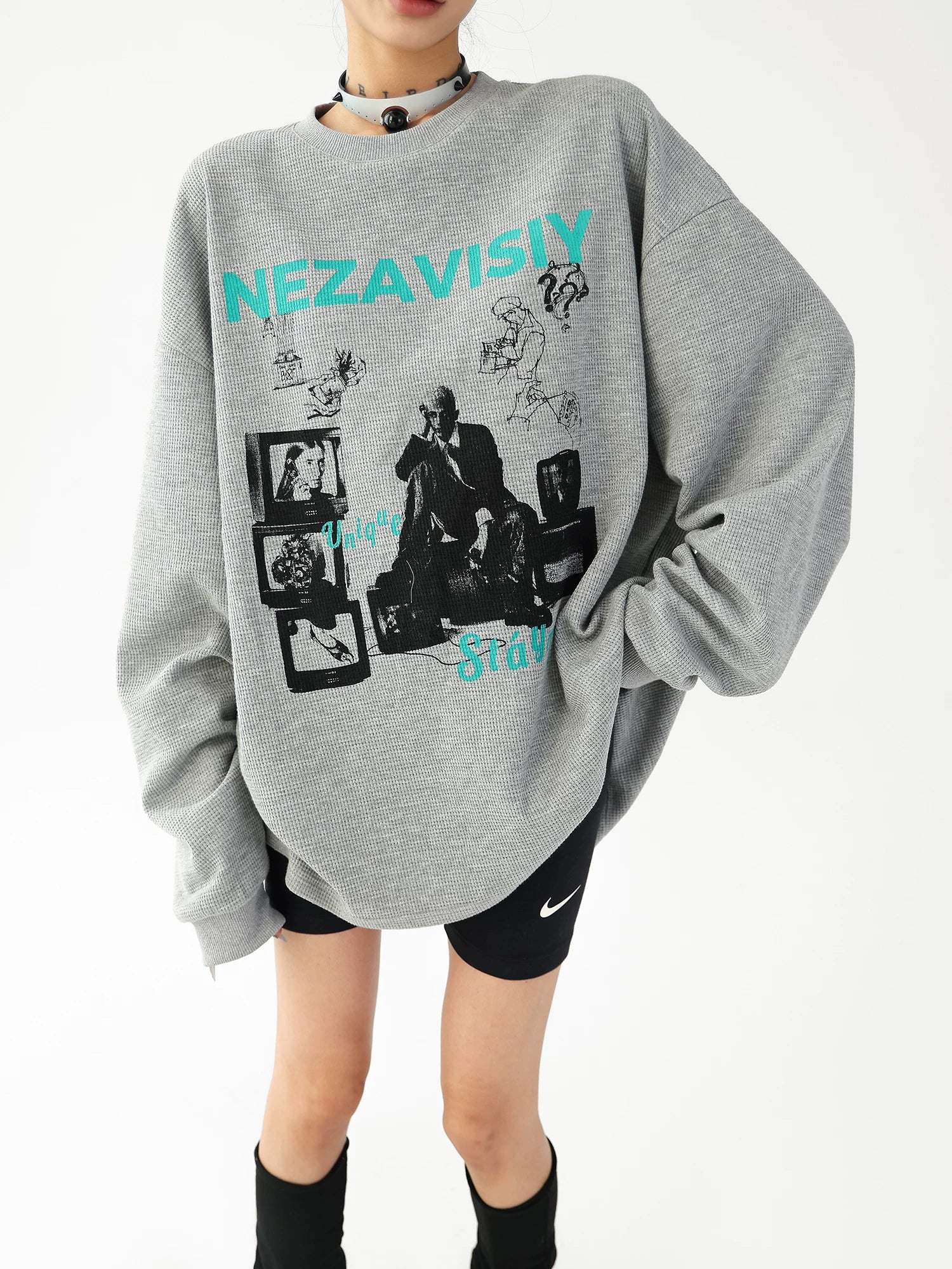 Waffle Knit Graphic Crewneck Pullover - Image 3