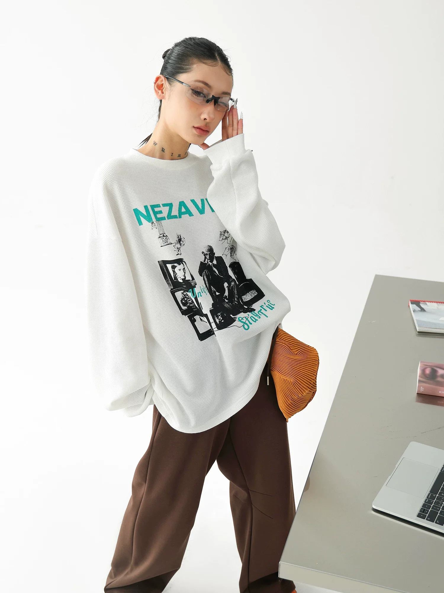 Waffle Knit Graphic Crewneck Pullover - Image 7