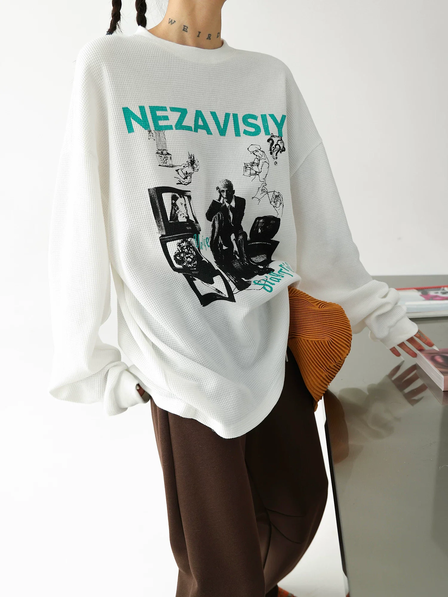 Waffle Knit Graphic Crewneck Pullover - Image 8