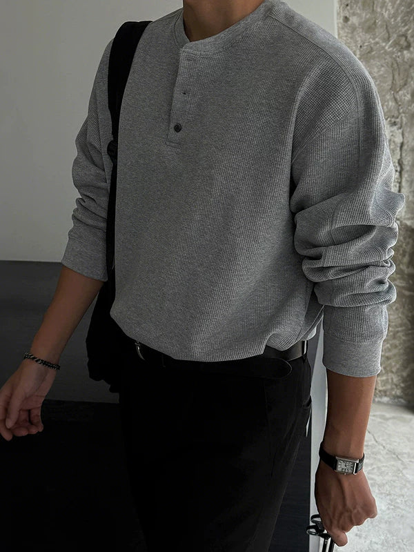 Waffle Knit Long Sleeve Henley Pullover - Image 3
